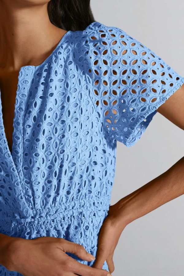 Saonta  Womens 2024 Summer Short Dress V Neck Short Sleeve A Line Hollow Out Lace Ruffle Cute Casual Beach Party Dresses