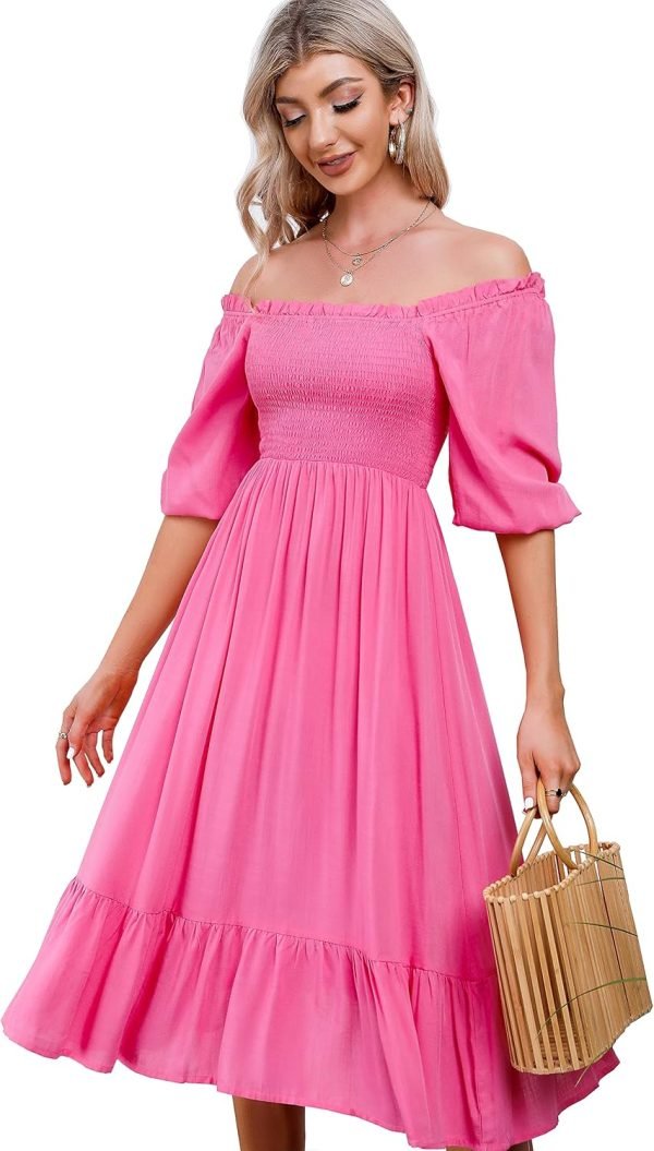 Saonta  Women's Summer Cotton Puff Sleeves Casual Vintage Polka Dots Print Off Shoulder Midi Dress