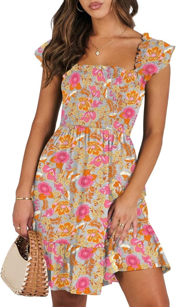 Saonta  Womens Summer Casual Sleeveless Square Neck Smocked Ruffle Backless Boho Mini Dress 2024 Trendy Short Sundress