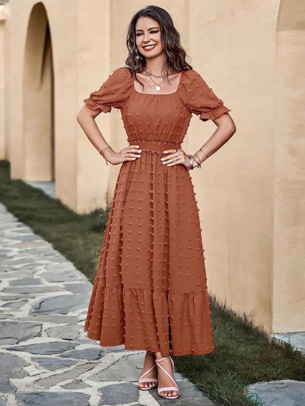 Saonta  Womens 2024 Puff Short Sleeve Square Neck Swiss Dot Smocked Waist Ruffle Hem Tiered Long Dress