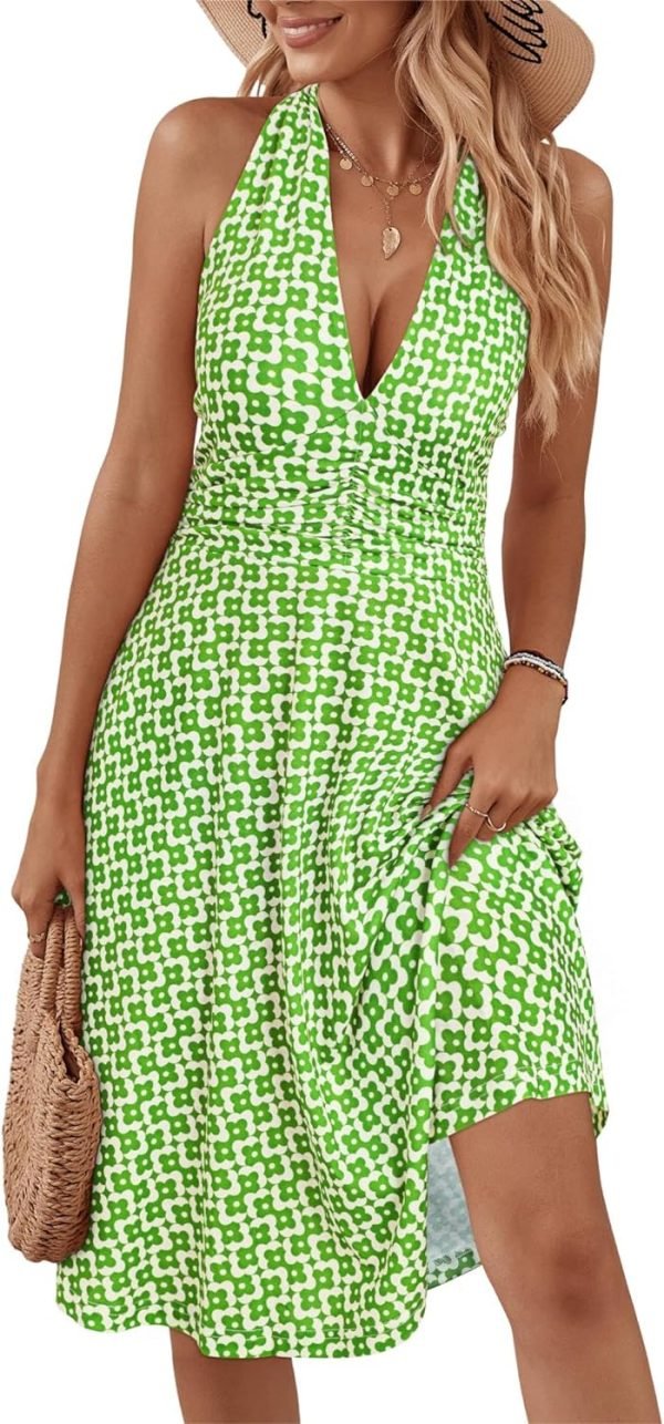 Saonta  Women's Summer Sundress Sleeveless Halter Neck Spring Boho Floral with Pocket Elastic Waist Ruffle Mini Dresses 2024