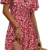Saonta  Womens Sundress Summer Floral Short Sleeve Wrap V Neck A-Line Midi Dress