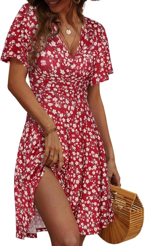Saonta  Womens Sundress Summer Floral Short Sleeve Wrap V Neck A-Line Midi Dress