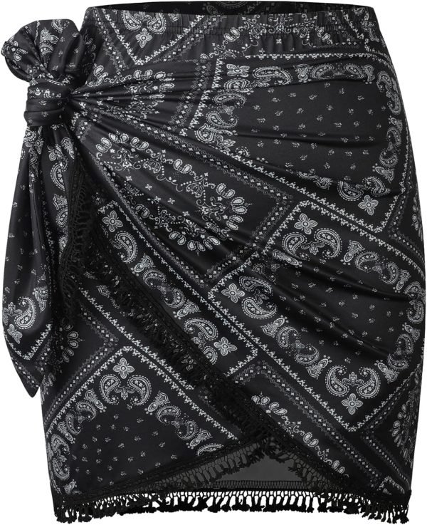 Saonta  Slit Skirt for Women Boho Print Tie Side Wrap Tassel Casual Beach Mini Skirt
