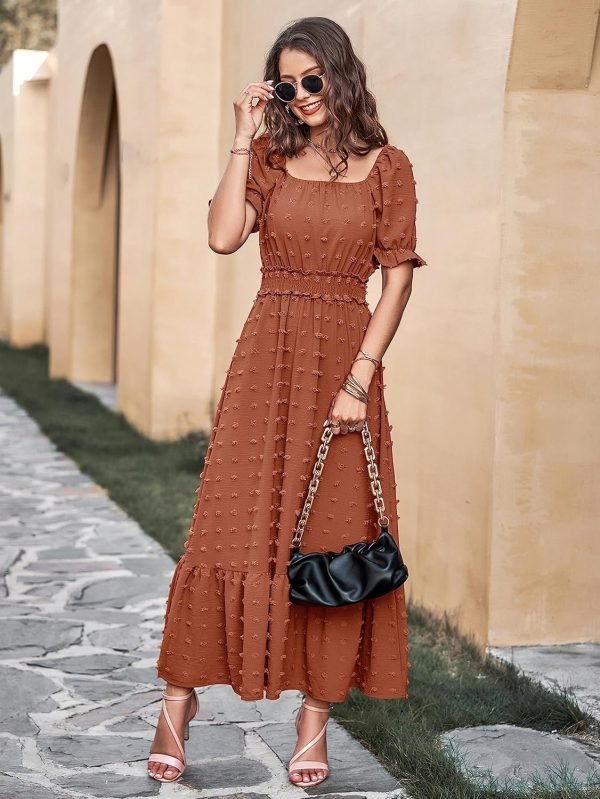 Saonta  Womens 2024 Puff Short Sleeve Square Neck Swiss Dot Smocked Waist Ruffle Hem Tiered Long Dress