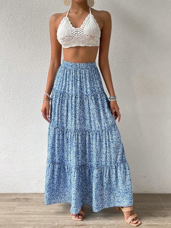 Saonta  Women's Floral Print Elastic High Waist Pleated Ruffle Flowy Long Skirts