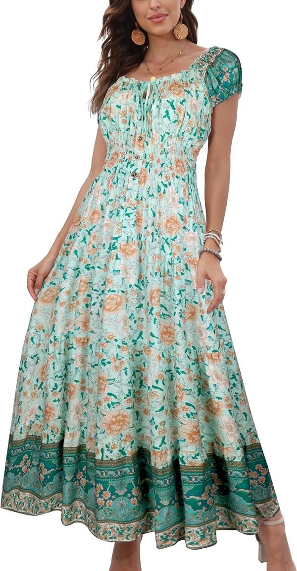 Saonta  Women's 2024 Summer Short Sleeves Boho Floral Print Tiered Casual Flowy Long Maxi Dress