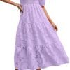 Saonta  Women's 2024 Summer Puff Sleeve Smocked Floral Dress Crewneck Lace Flowy Tiered Midi Dresses