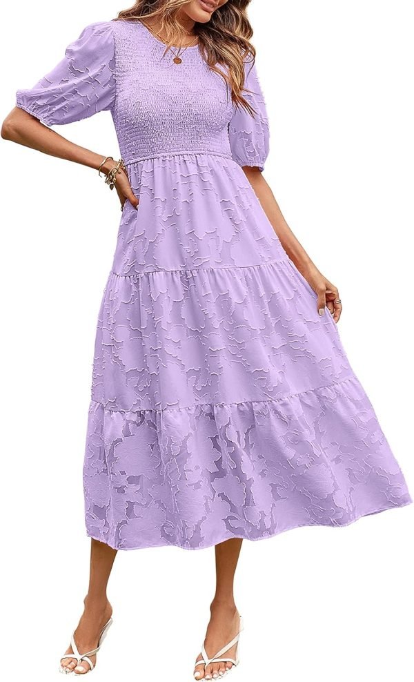 Saonta  Women's 2024 Summer Puff Sleeve Smocked Floral Dress Crewneck Lace Flowy Tiered Midi Dresses