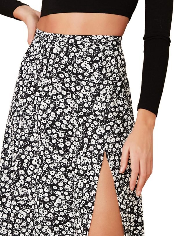 Saonta  Women's Sexy Boho Floral Split Thigh High Waist Swing Midi Skirt