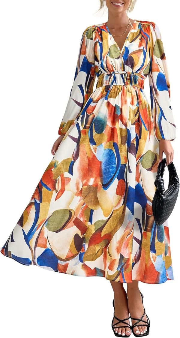 Saonta  Women's 2024 Fall Boho Maxi Dress Casual Long Sleeve V Neck Printed Beach Long Flowy Dresses