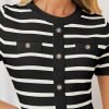 Saonta Women's Casual Striped Midi Dress Crewneck Short Sleeve Button Ribbed Knit Swing Pleated A Line Dresses