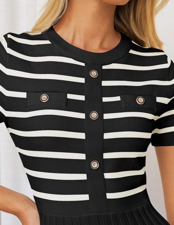 Saonta Women's Casual Striped Midi Dress Crewneck Short Sleeve Button Ribbed Knit Swing Pleated A Line Dresses