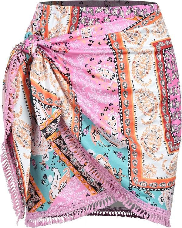 Saonta  Slit Skirt for Women Boho Print Tie Side Wrap Tassel Casual Beach Mini Skirt