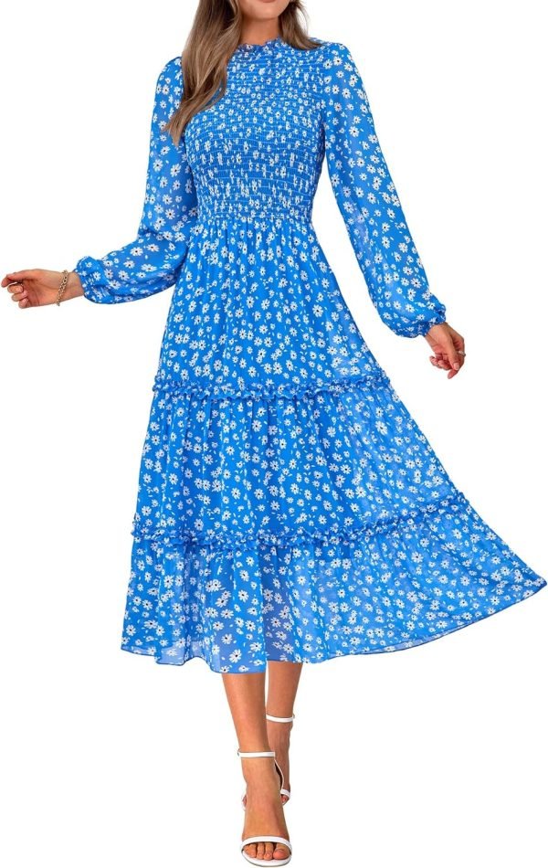 Saonta  Women 2024 Fall Dress Floral Boho Dress Casual Long Sleeve Crew Neck Ruffle A-Line Flowy Wedding Guest Maxi Dresses