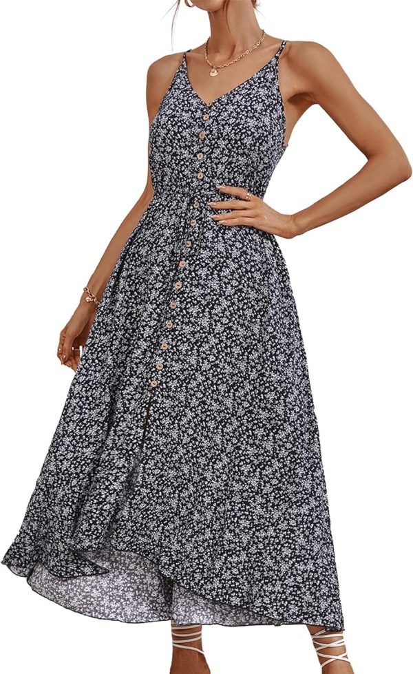 Saonta  Women's 2024 Summer Casual Boho Sundress Polka Dot Spaghetti Strap V Neck Flowy Midi Dresses