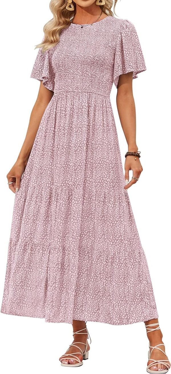 Saonta Women's 2024 Summer Casual Floral Print Short Flutter Sleeve Crew Neck Smocked High Waist Flowy Maxi Dress