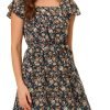 Saonta  K Women's Floral Chiffon Flutter Sleeve Belted Square Neck Ruffled Hem Dress