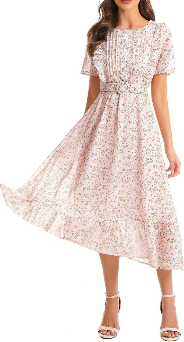 Saonta  Women's Short Sleeve Button Up Ruffle Chiffon Floral Midi Swing Dress with Belt