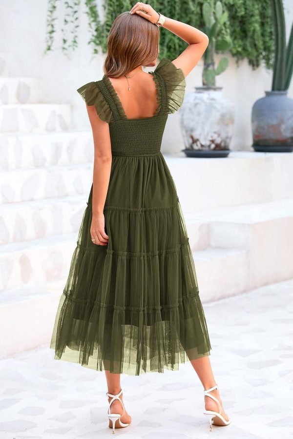 Saonta Womens 2024 Summer Casual Sleeveless Smocked Ruffle Tulle Flowy Beach Sundress