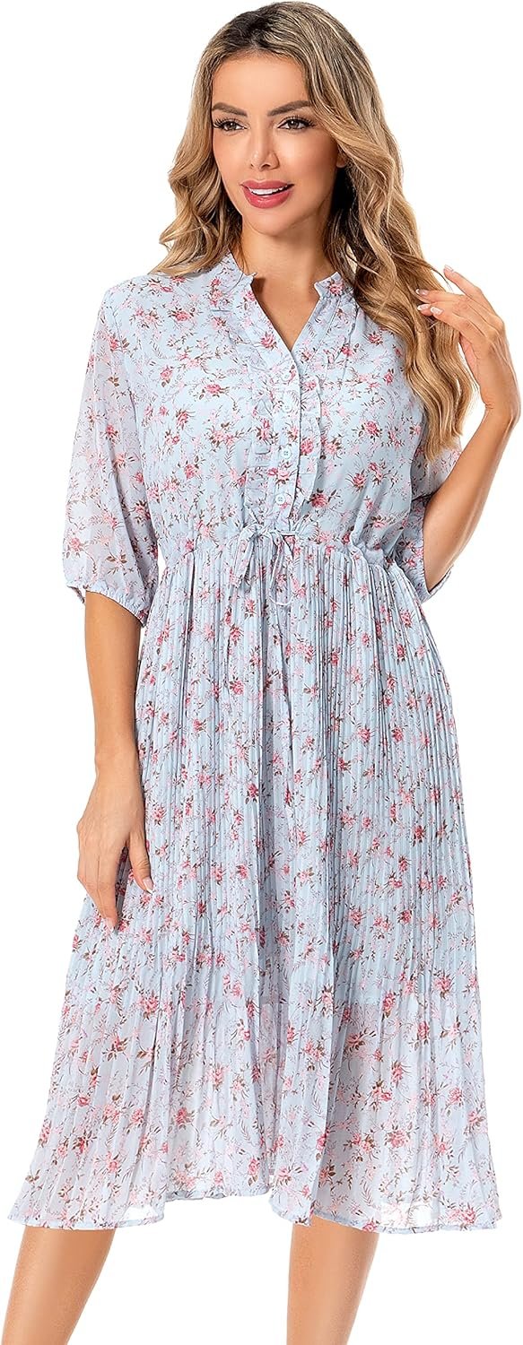 Saonta  Women's Short Sleeve V-Neck 3/4 Sleeve Button Up Chiffon Floral Pleated Midi Swing Dress with Belt