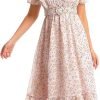 Saonta  Women's Short Sleeve Button Up Ruffle Chiffon Floral Midi Swing Dress with Belt