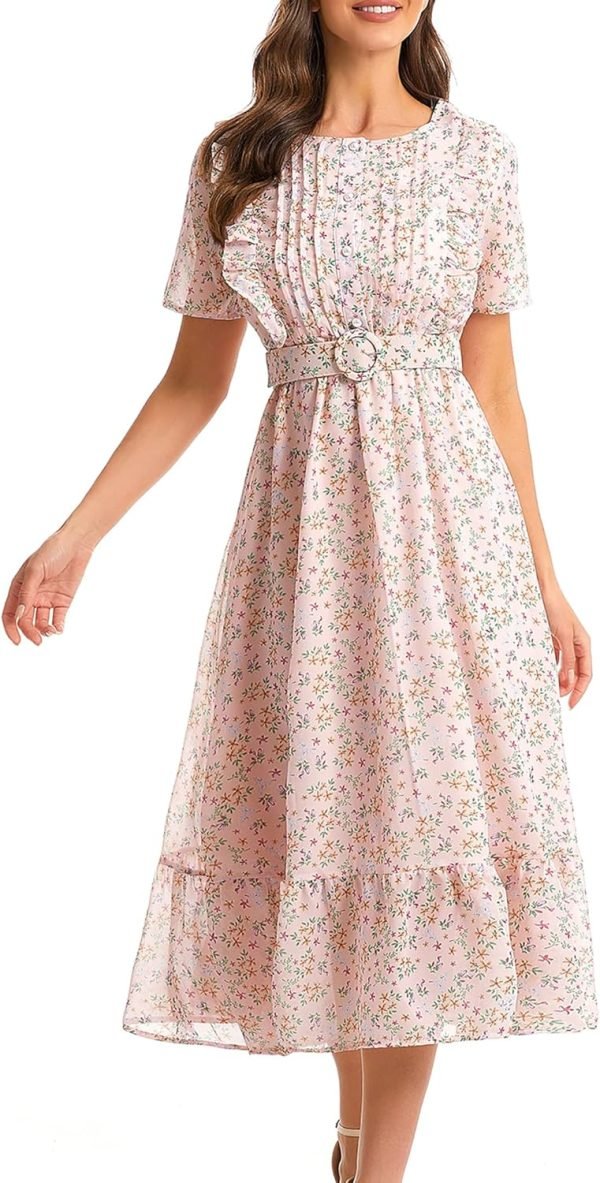 Saonta  Women's Short Sleeve Button Up Ruffle Chiffon Floral Midi Swing Dress with Belt