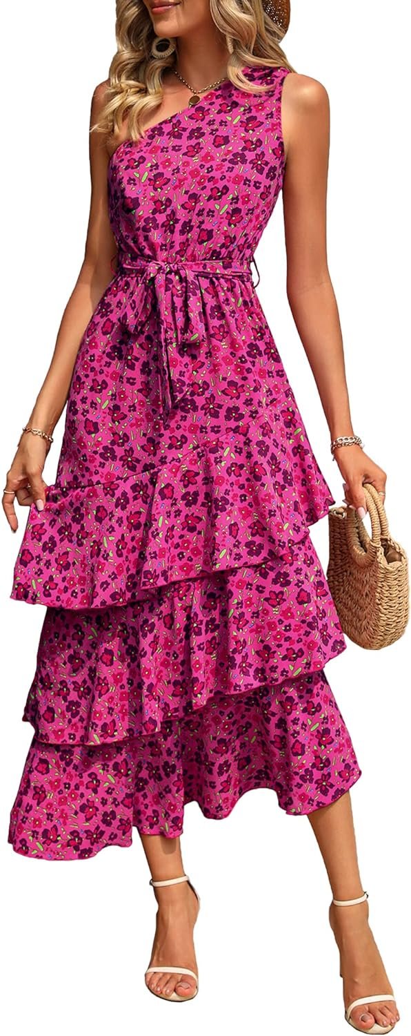 Saonta Womens Summer Floral One Shoulder Tiered Ruffle Flowy Midi Beach Boho Dress