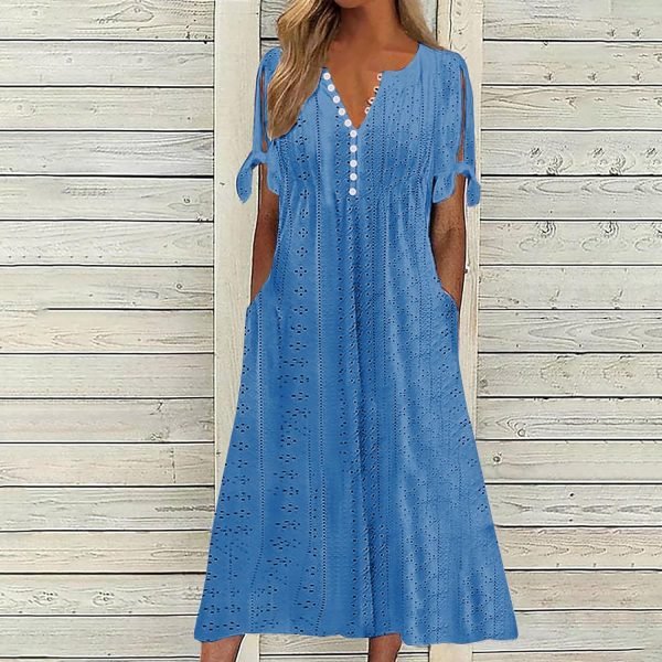 Womens Bohemian Maxi Long Dress Trendy Boho Dresses V Neck Beach Vacation Dress Casual Beachy Outfits with Pockets