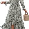 Saonta  Women Long Sleeve Wrap Maxi Dress V Neck Boho Floral High Waist Flowy Ruffle 2024 Spring Summer Dresses with Belt