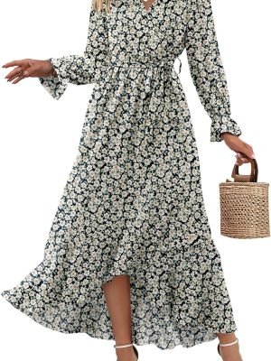 Saonta  Women Long Sleeve Wrap Maxi Dress V Neck Boho Floral High Waist Flowy Ruffle 2024 Spring Summer Dresses with Belt