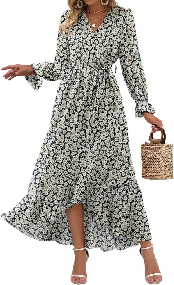 Saonta  Women Long Sleeve Wrap Maxi Dress V Neck Boho Floral High Waist Flowy Ruffle 2024 Spring Summer Dresses with Belt