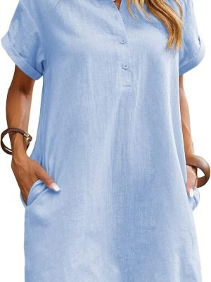 Saonta  Womens Cotton Shirt Dress Summer Casual Short Sleeve Button Down Beach Cover Up Shirts with Pockets