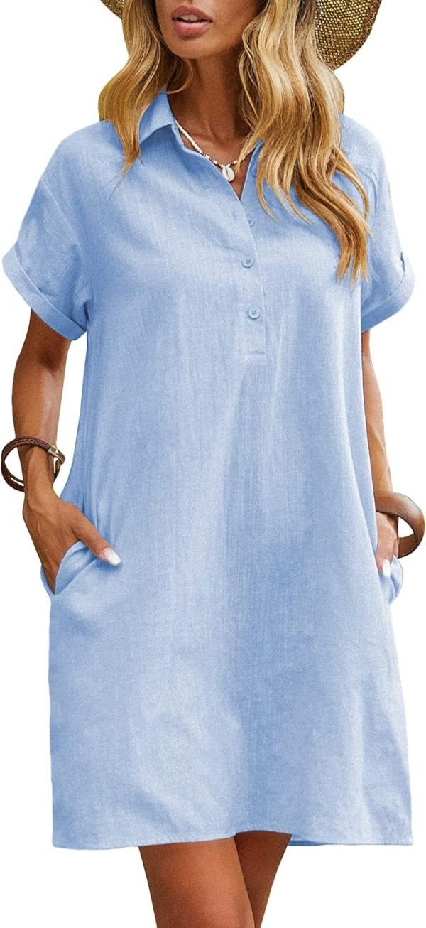 Saonta  Womens Cotton Shirt Dress Summer Casual Short Sleeve Button Down Beach Cover Up Shirts with Pockets