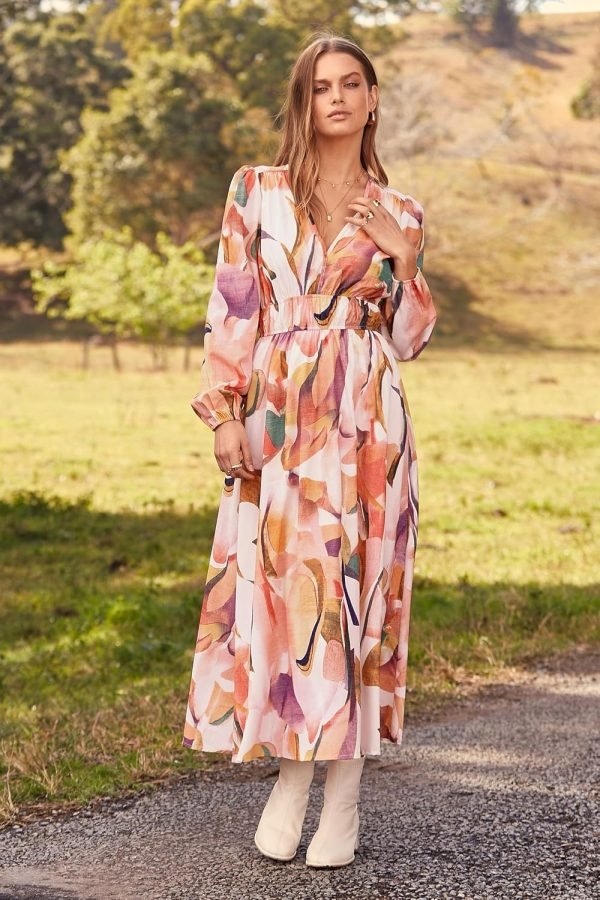 Saonta  Women's 2024 Fall Boho Maxi Dress Casual Long Sleeve V Neck Printed Beach Long Flowy Dresses