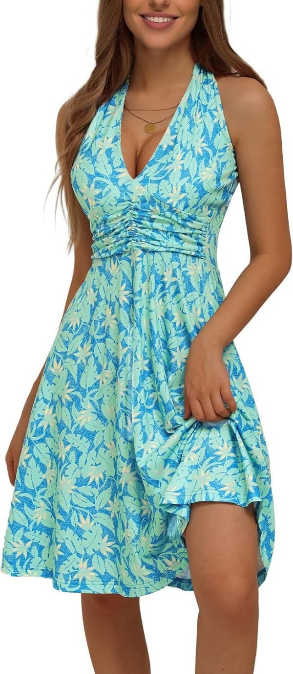 Saonta  Women's Summer Sundress Sleeveless Halter Neck Spring Boho Floral with Pocket Elastic Waist Ruffle Mini Dresses 2024