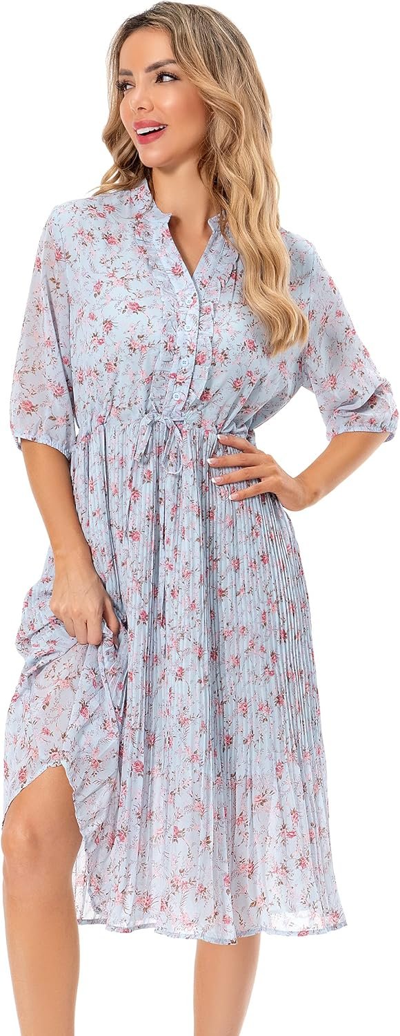 Saonta  Women's Short Sleeve V-Neck 3/4 Sleeve Button Up Chiffon Floral Pleated Midi Swing Dress with Belt