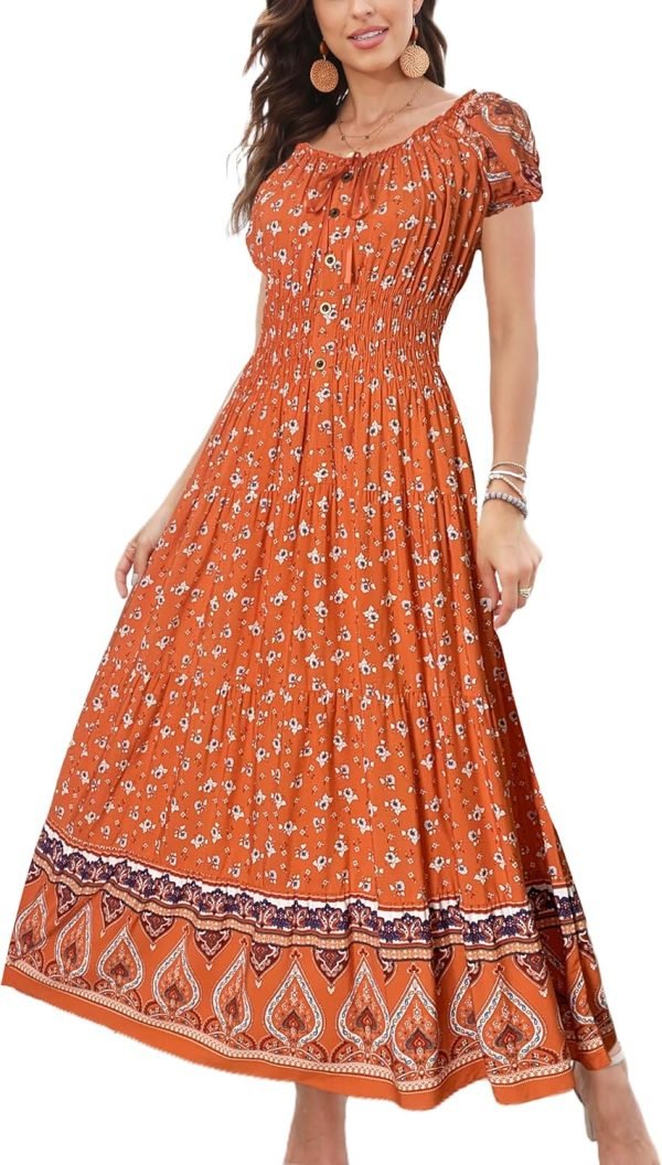 Saonta  Women's 2024 Summer Short Sleeves Boho Floral Print Tiered Casual Flowy Long Maxi Dress