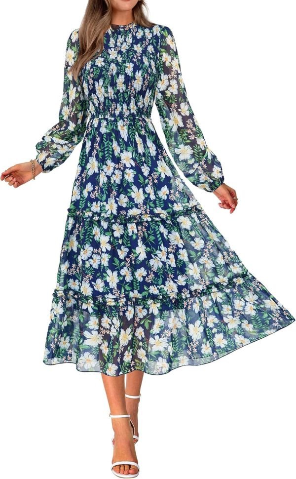 Saonta  Women 2024 Fall Dress Floral Boho Dress Casual Long Sleeve Crew Neck Ruffle A-Line Flowy Wedding Guest Maxi Dresses