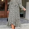 Saonta  Women Long Sleeve Wrap Maxi Dress V Neck Boho Floral High Waist Flowy Ruffle 2024 Spring Summer Dresses with Belt