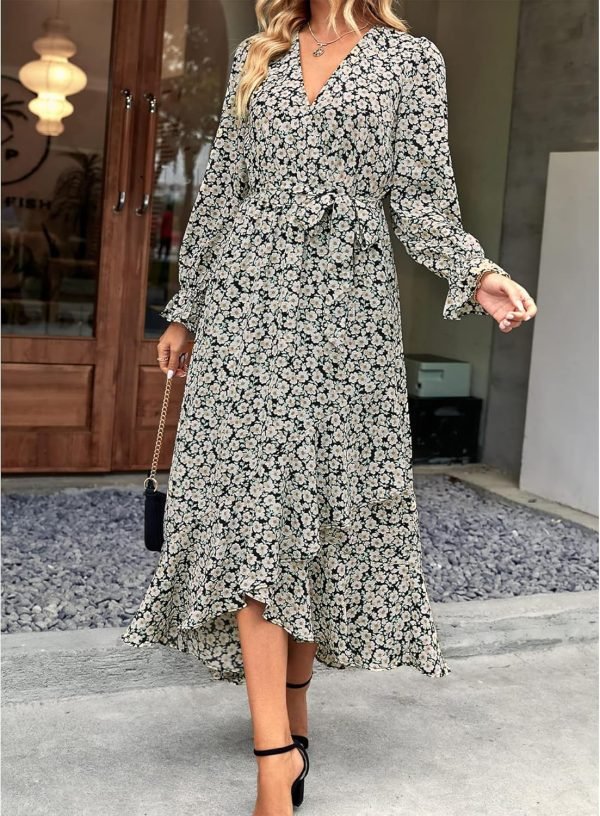 Saonta  Women Long Sleeve Wrap Maxi Dress V Neck Boho Floral High Waist Flowy Ruffle 2024 Spring Summer Dresses with Belt
