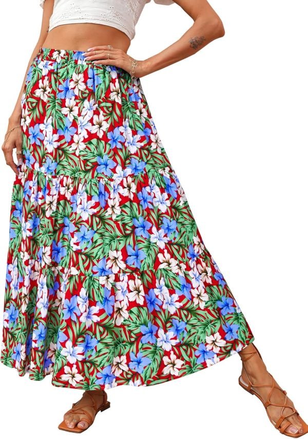 Saonta  Womens 2024 Spring Summer High Waist Boho Floral Maxi Skirt Casual Flowy Swing Pleated A Line Beach Long Skirts