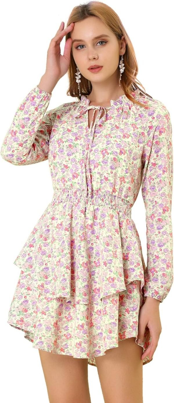 Saonta  K Women's Ruffled Floral Smocked Waist Layered Tiered Chiffon Dress