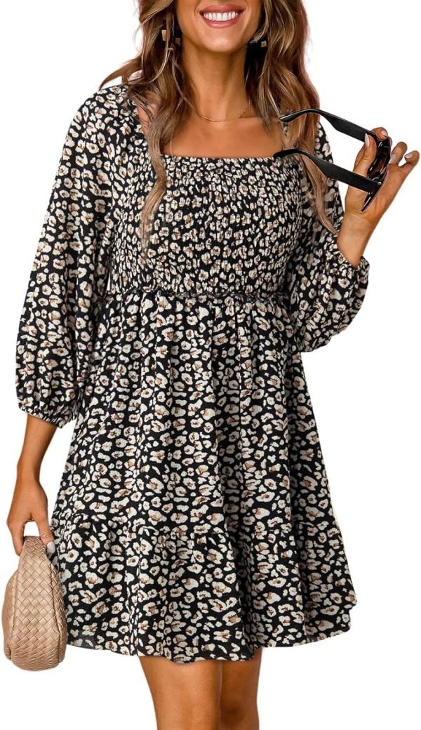 Saonta  Womens Summer Dresses 2024 Boho Floral Square Neck Smocked 3/4 Sleeve Casual A-Line Swing Mini Babydoll Dress