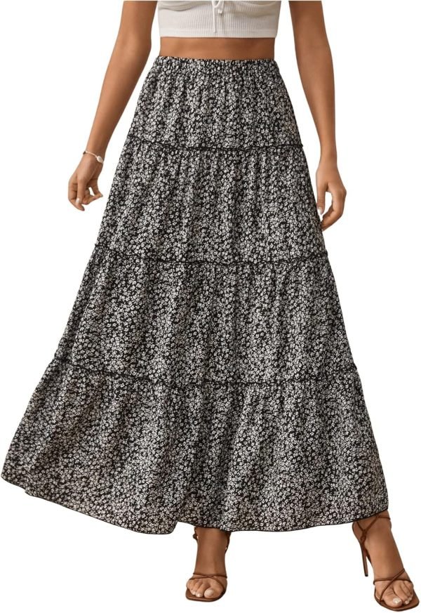 Saonta  Women's Floral Print Elastic High Waist Pleated Ruffle Flowy Long Skirts