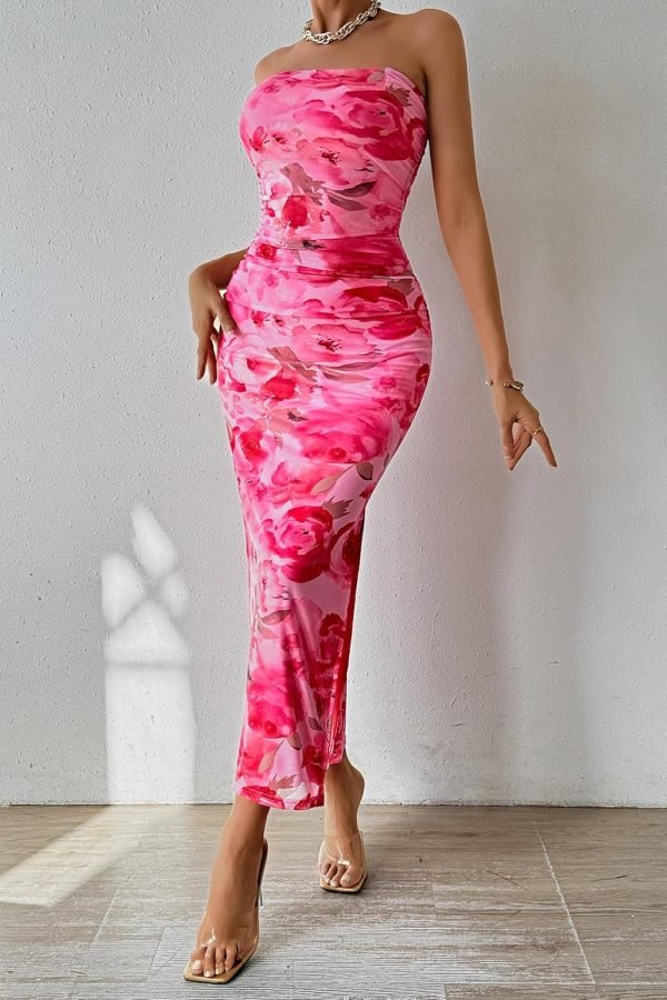 Saonta  Women's Summer Maxi Bodycon Dresses Strapless Tube Top Printed Long Party Club Slit Dress