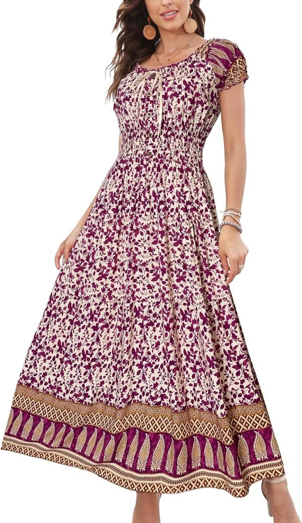 Saonta  Women's 2024 Summer Short Sleeves Boho Floral Print Tiered Casual Flowy Long Maxi Dress