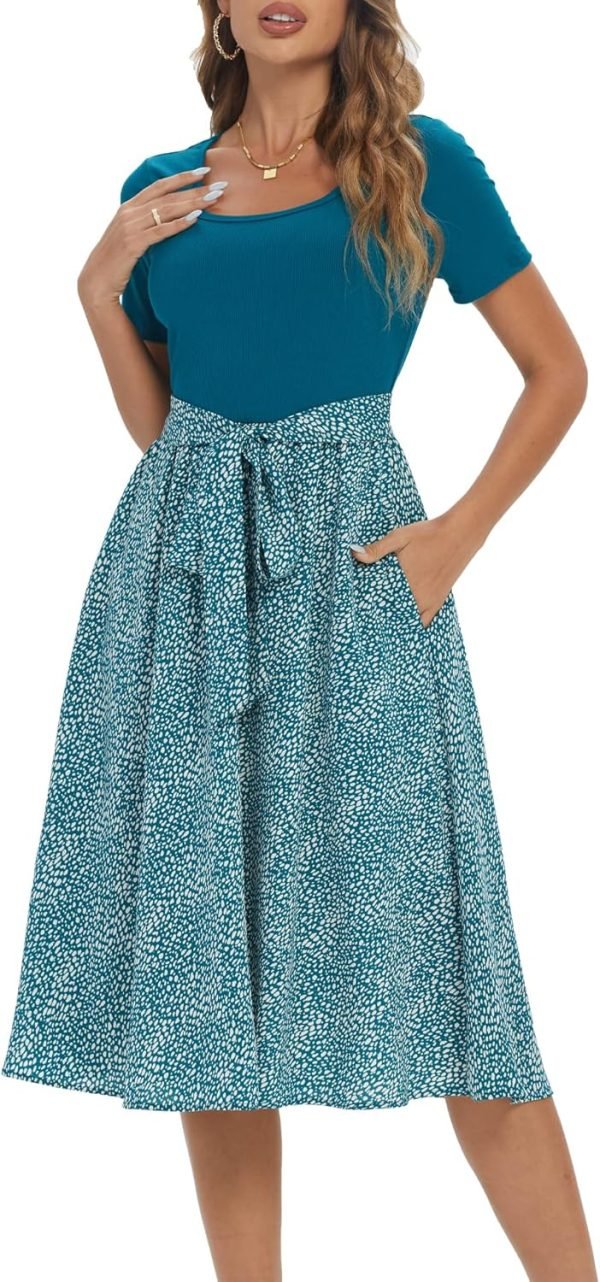 Saonta  Summer Dresses for Women 2024 Short Sleeve Elastic Waist Casual Dresses Ribbed Floral Work Midi Dress with Pockets