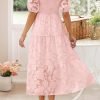 Saonta Women's 2024 Summer Short Puff Sleeve Crewneck Smocked Floral Lace Flowy A Line Tiered Maxi Dresses