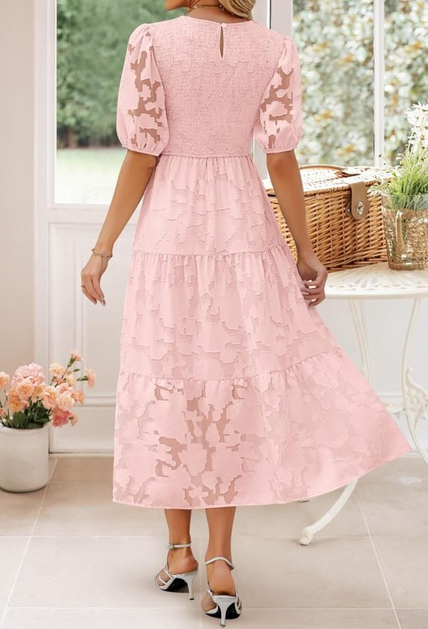 Saonta Women's 2024 Summer Short Puff Sleeve Crewneck Smocked Floral Lace Flowy A Line Tiered Maxi Dresses